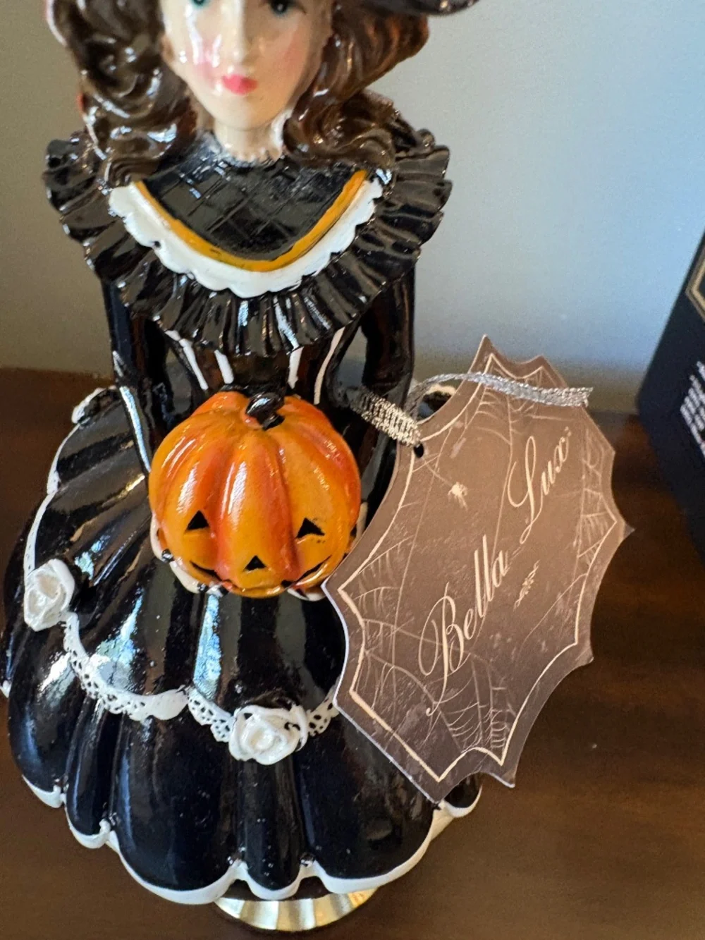 Bella Lux Resin Halloween Round Witch on Gold Pedestal with Pumpkin